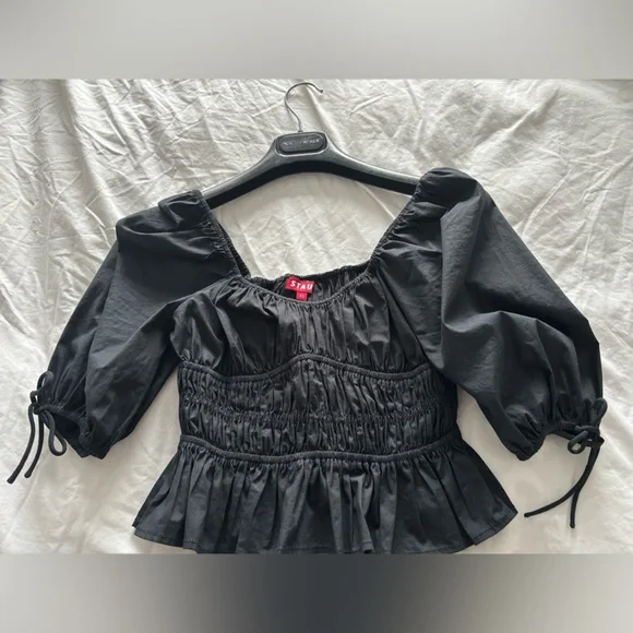 STAUD Black XS Smocked Puff Sleeve Blouse - Picture 2 of 2